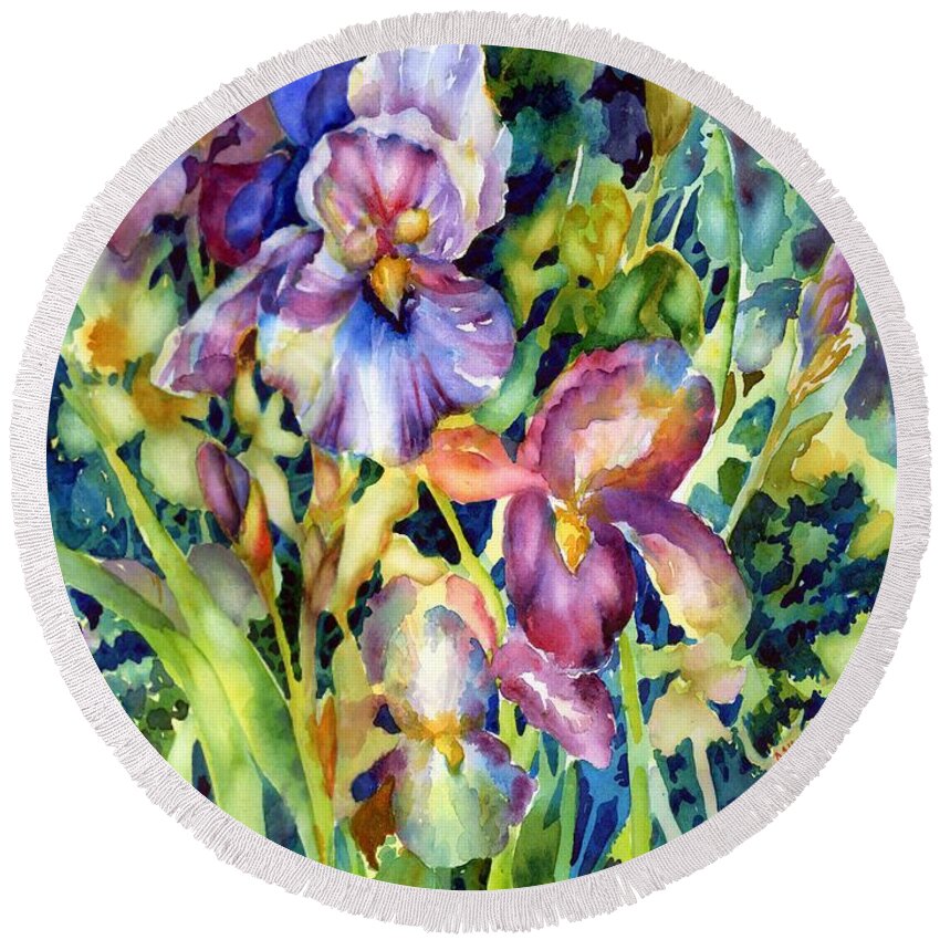 Watercolor Round Beach Towel featuring the painting Iris II #1 by Ann Nicholson