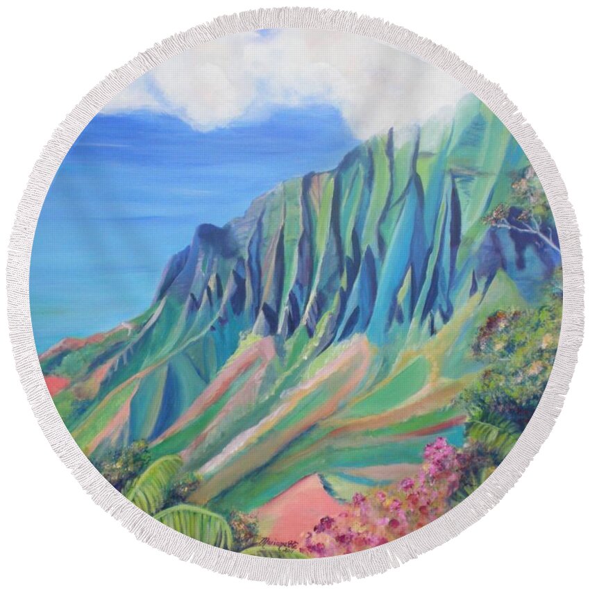 Kauai Round Beach Towel featuring the painting Kalalau Valley by Marionette Taboniar