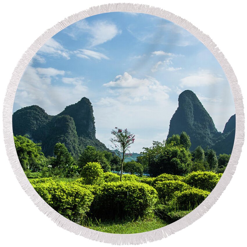  Scenerykarst Round Beach Towel featuring the photograph Karst mountains scenery #1 by Carl Ning