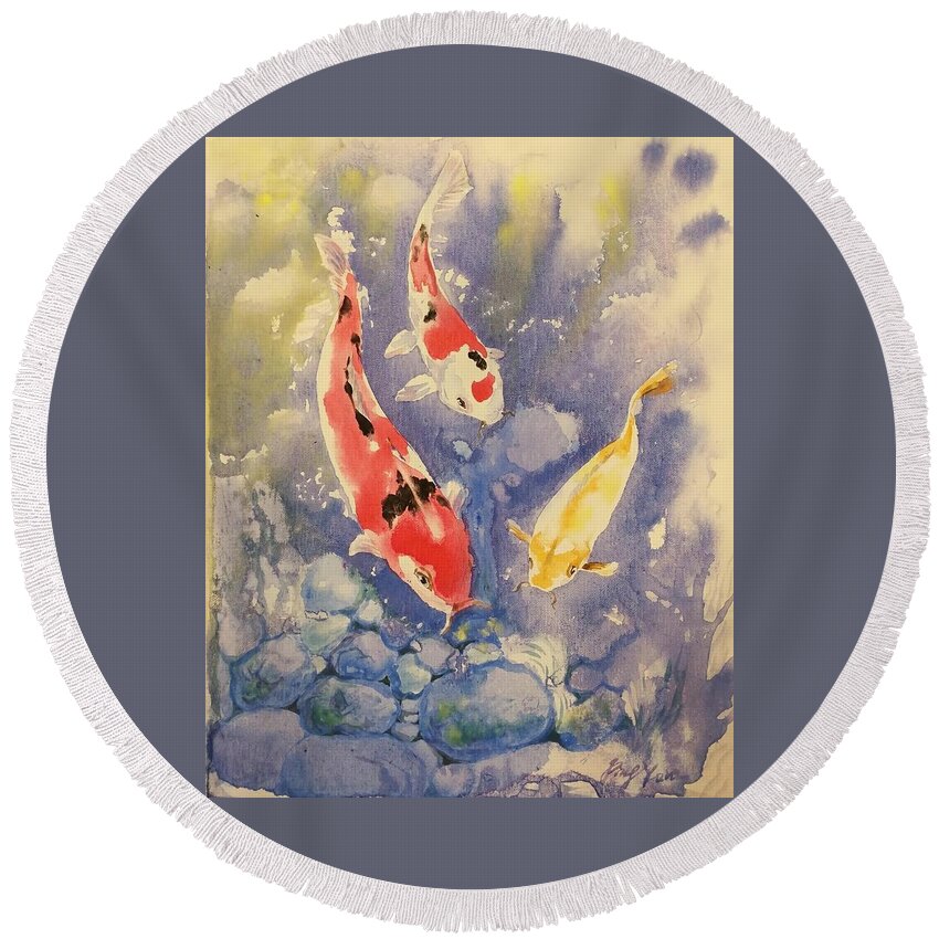  Round Beach Towel featuring the painting Koi Pond #1 by Ping Yan