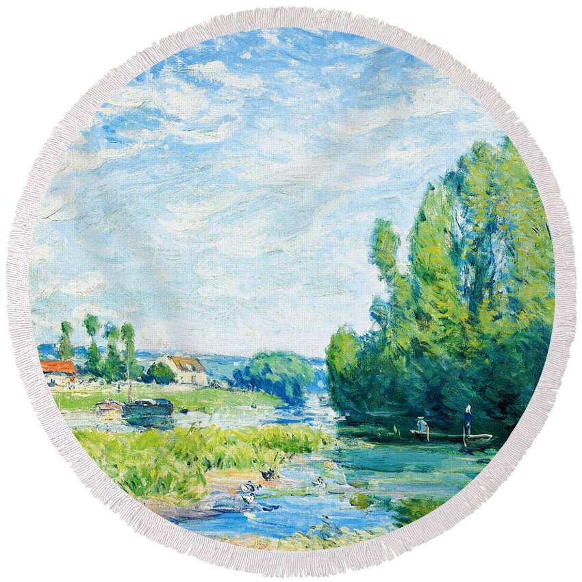 Alfred Sisley Round Beach Towel featuring the painting La Mare Aux Canards #1 by Celestial Images