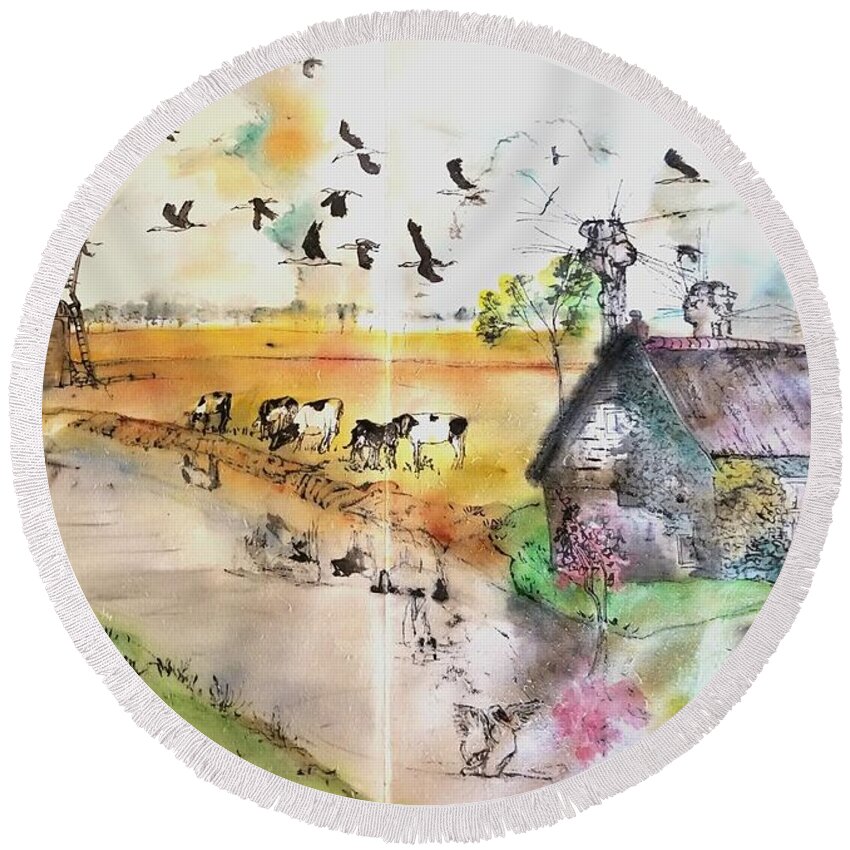 The Netherlands. Landscape. Architecture. Canal Round Beach Towel featuring the painting Land of clogs and windmill album #1 by Debbi Saccomanno Chan
