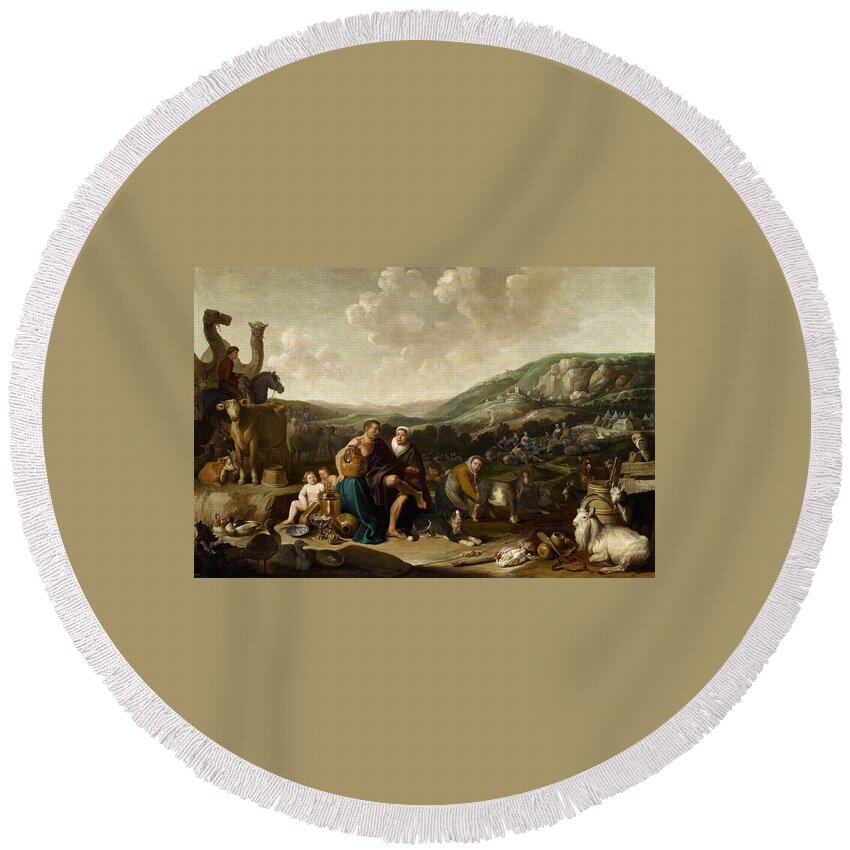 Cornelis Saftleven Round Beach Towel featuring the painting Landscape with Jacob and Rachel #1 by Cornelis Saftleven