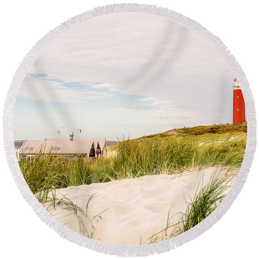 Eierland Round Beach Towel featuring the photograph lighthouse Eierland #1 by Hannes Cmarits