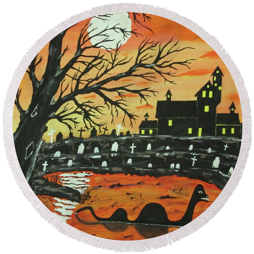 Best Halloween Card Round Beach Towel featuring the painting Loch Ness Monster This Halloween by Jeffrey Koss
