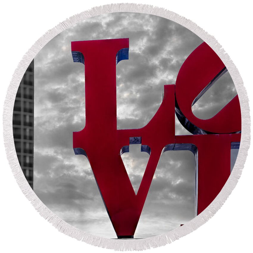 Love Sign Round Beach Towel featuring the photograph Love Park BW #2 by Susan Candelario