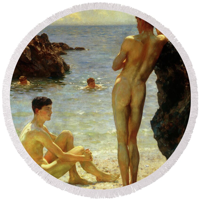 Henry Scott Tuke Round Beach Towel featuring the painting Lovers Of The Sun #1 by Henry Scott Tuke