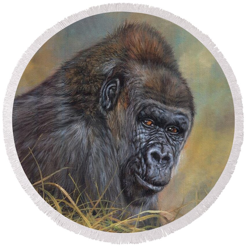 Gorilla Round Beach Towel featuring the painting Lowland Gorilla #1 by David Stribbling