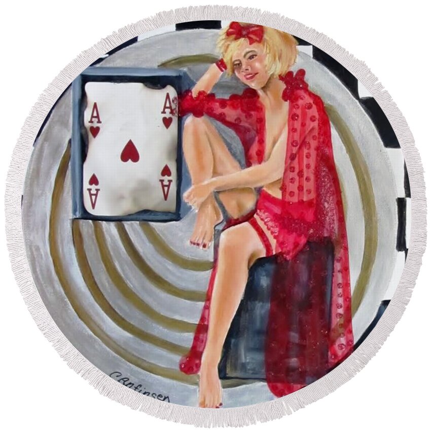 Lady Round Beach Towel featuring the mixed media Lucky Lady #1 by Carol Allen Anfinsen
