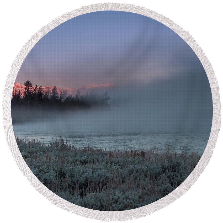 Fog Round Beach Towel featuring the photograph Morning on the Madison River by Jen Manganello
