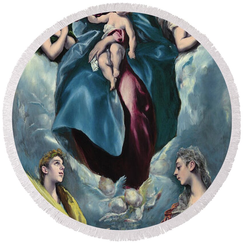 Blessed Virgin Mary Round Beach Towel featuring the painting Madonna and Child with Saint Martina and Saint Agnes #1 by El Greco
