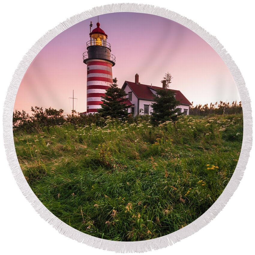 Maine Round Beach Towel featuring the photograph Maine West Quoddy Head Lighthouse Sunset #1 by Ranjay Mitra