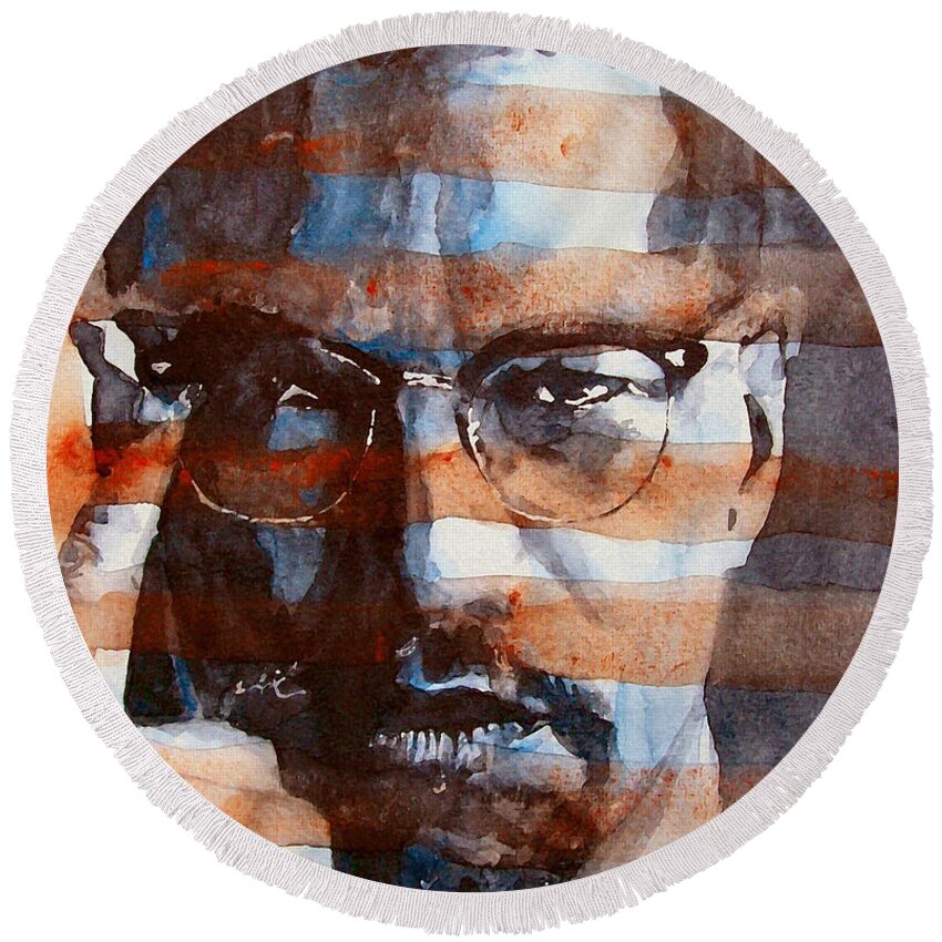 Malcolm X Round Beach Towel featuring the painting Malcolm X by Paul Lovering