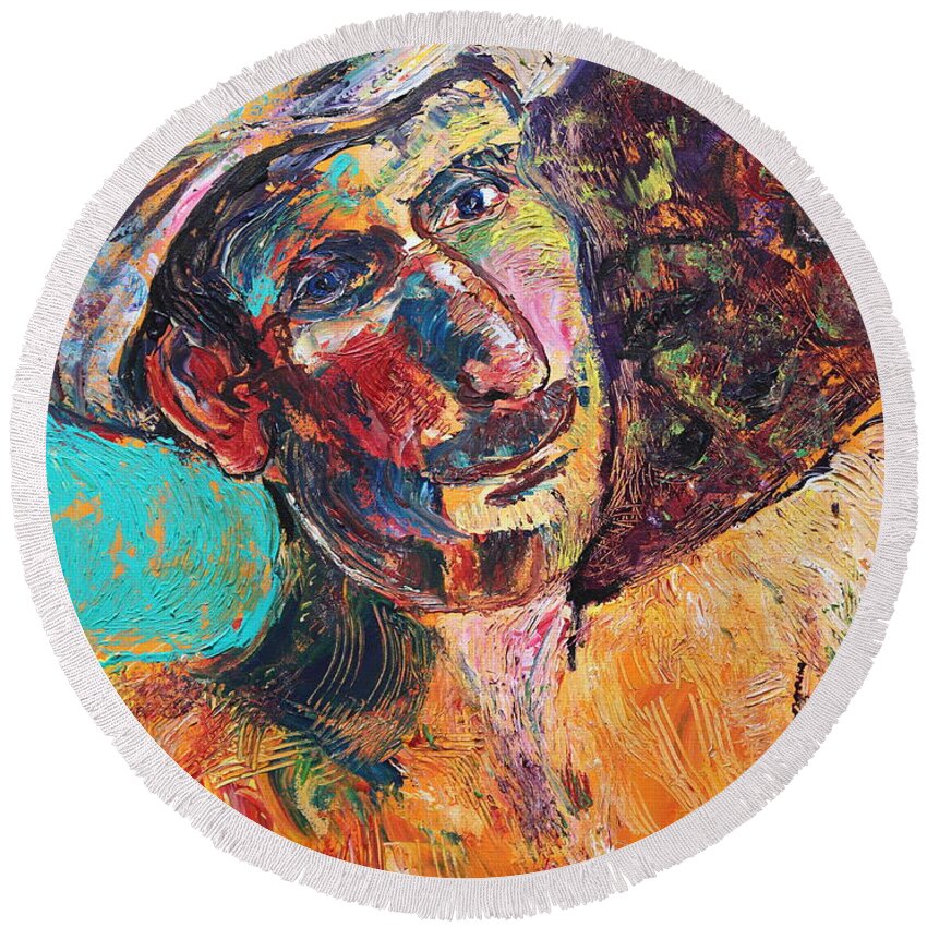 Portrait Round Beach Towel featuring the painting Man in the sun #1 by Madeleine Shulman
