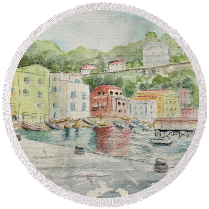 Marina Round Beach Towel featuring the painting Marina Grande, Sorrento #2 by Laurie Morgan