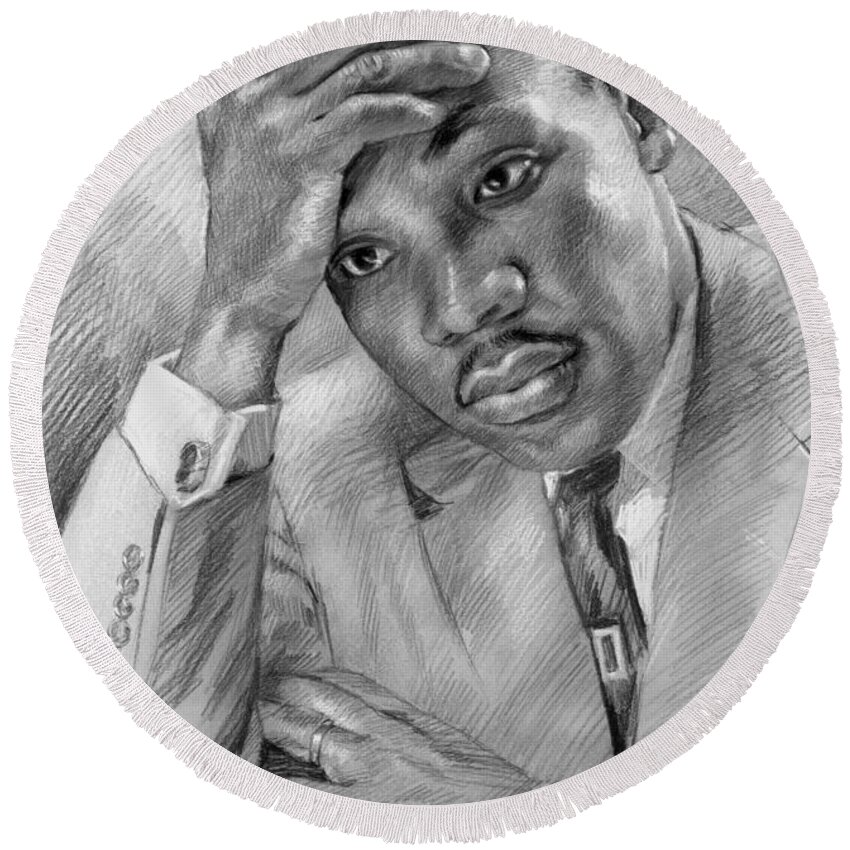 Martin Luther King Jr Round Beach Towel featuring the drawing Martin Luther King Jr by Ylli Haruni