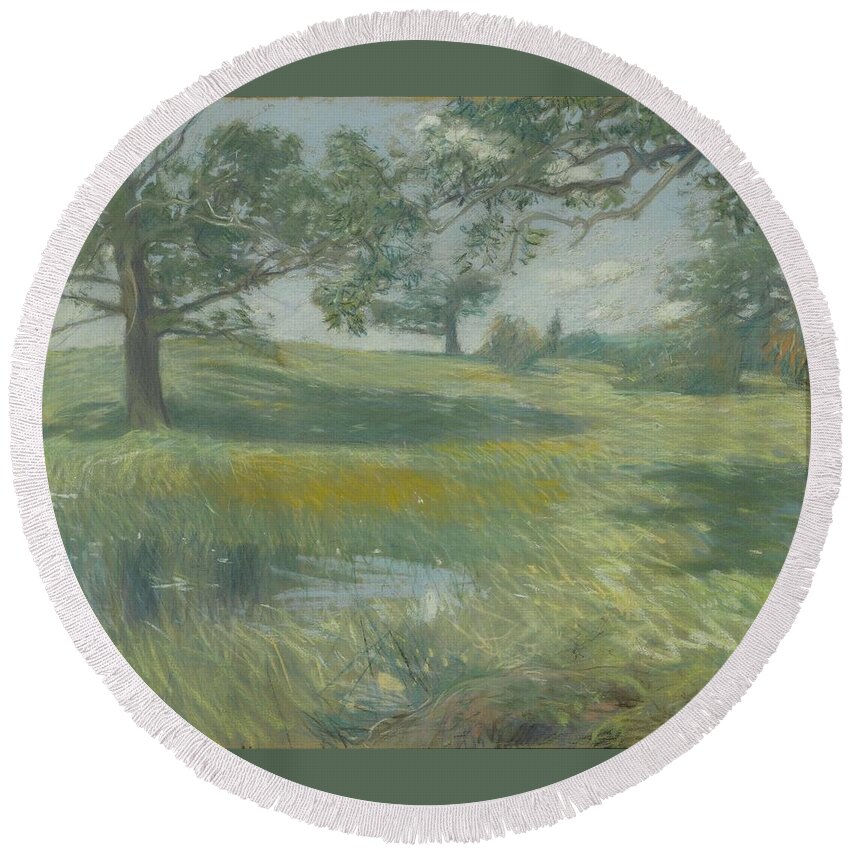 Frederick Childe Hassam (american Round Beach Towel featuring the painting Meadows #1 by MotionAge Designs