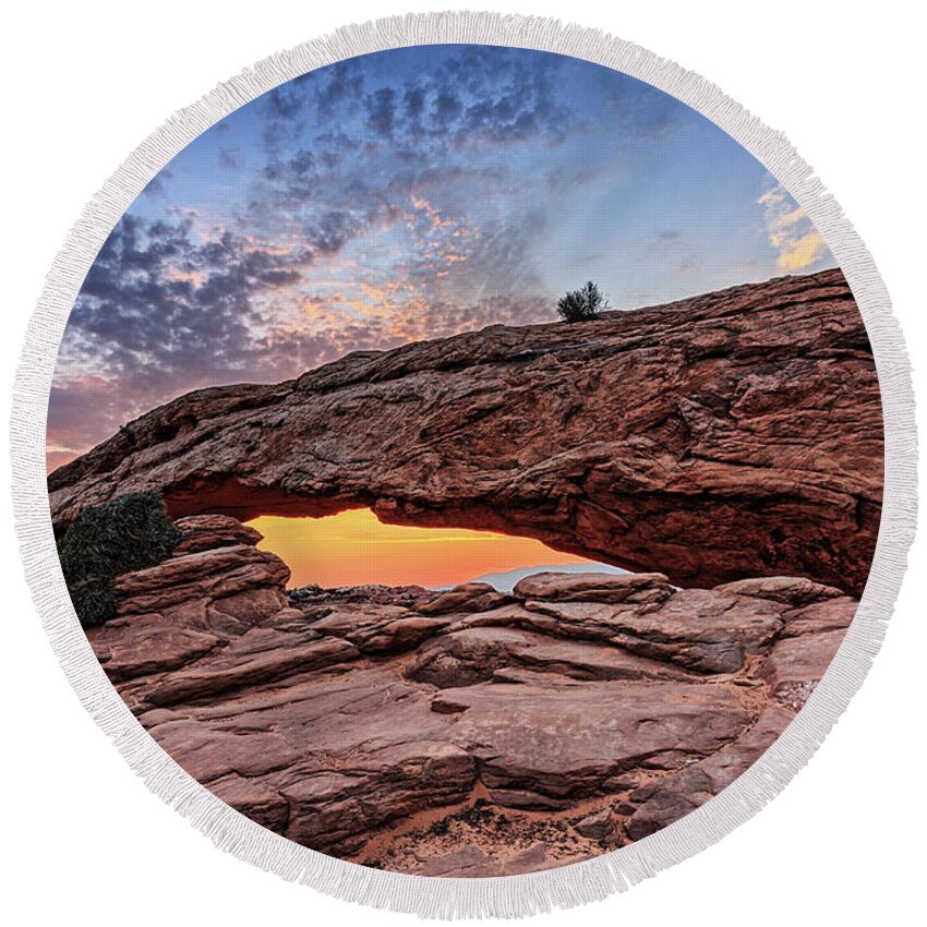 Canyonlands; Dawn; Desert; Inspirational; Landscape; Majestic; Mesa Arch; Morning; Natural Bridge; Nature; Rocks; Southwest; Stone Arch; Sunrise; Utah; Round Beach Towel featuring the photograph Mesa Arch at Sunrise #2 by Kyle Lee
