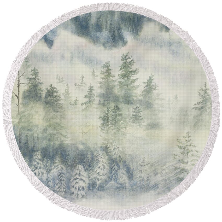 Mist Round Beach Towel featuring the painting Mist on Warm Lake Road #2 by Link Jackson
