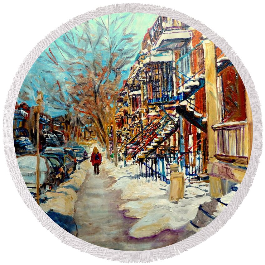 Montreal Round Beach Towel featuring the painting Montreal Street In Winter #1 by Carole Spandau