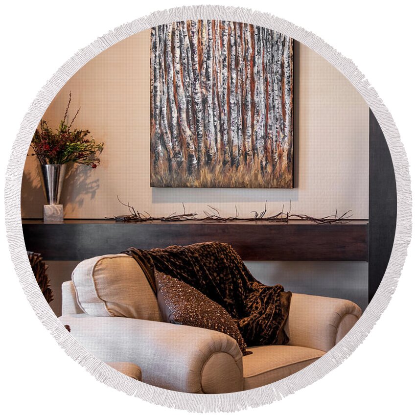 Aspens Round Beach Towel featuring the painting Moonlight Aspens by Sheila Johns
