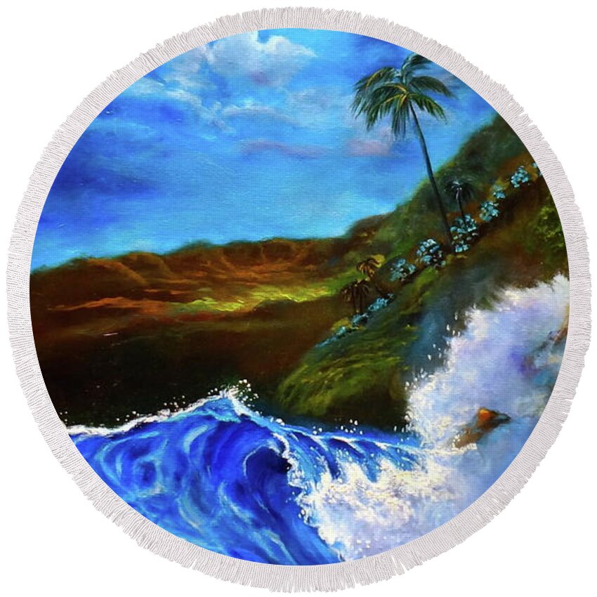 Tropical Moonlit Night Round Beach Towel featuring the painting Moonlit Hawaiian Night by Jenny Lee
