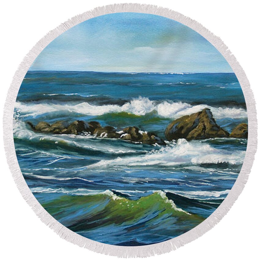 Seascape Round Beach Towel featuring the painting Morning Rush by Larry Geyrozaga