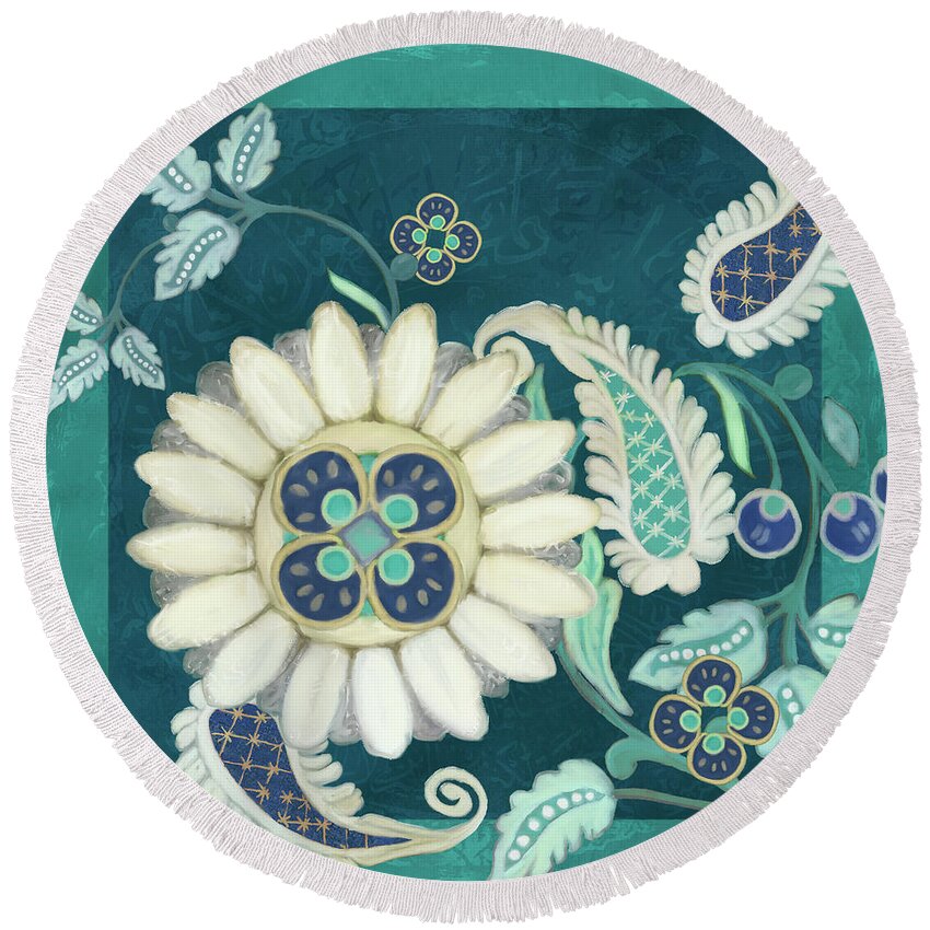 Circle Patterns Round Beach Towel featuring the painting Moroccan Paisley Peacock Blue 1 #1 by Audrey Jeanne Roberts
