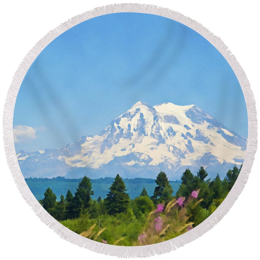 Mountain Round Beach Towel featuring the photograph Mount Rainier Watercolor by Tatiana Travelways