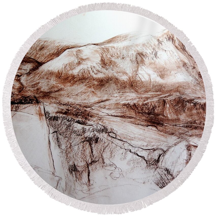Mountains Round Beach Towel featuring the drawing Mountains in Snowdonia by Harry Robertson