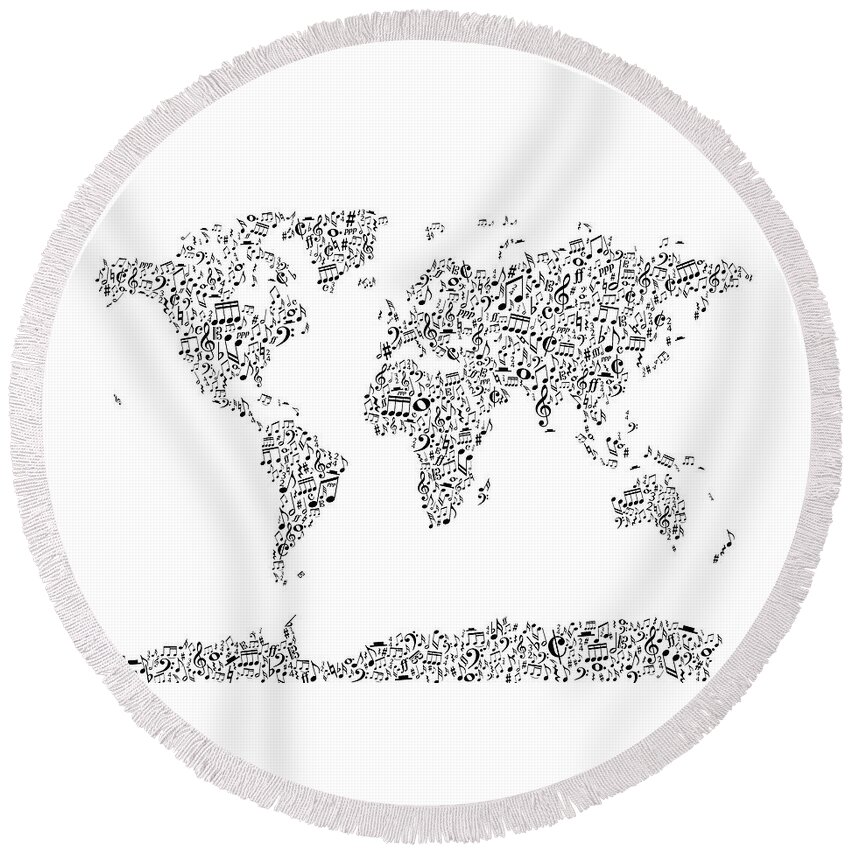 World Map Round Beach Towel featuring the digital art Music Notes Map of the World #1 by Michael Tompsett