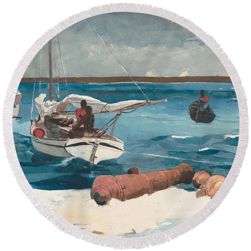 Winslow Homer Round Beach Towel featuring the drawing Nassau #2 by Winslow Homer