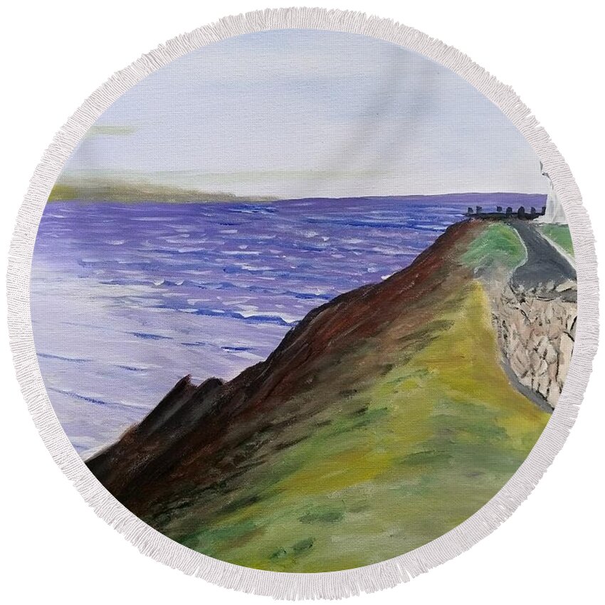 New Zealand Round Beach Towel featuring the painting New Zealand Lighthouse by Kevin Daly