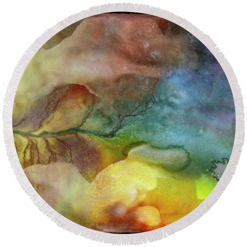 Abstract Levitation Love Beauty Simplicity Synchronicity Subtlety Mystical Heartfelt Magical Mysterious Wonderous Enlightening Thought Provoking Presence Consciousness Awareness Eternity Symbolic Surreal Round Beach Towel featuring the painting Night Forming Autumn #1 by Sperry Andrews