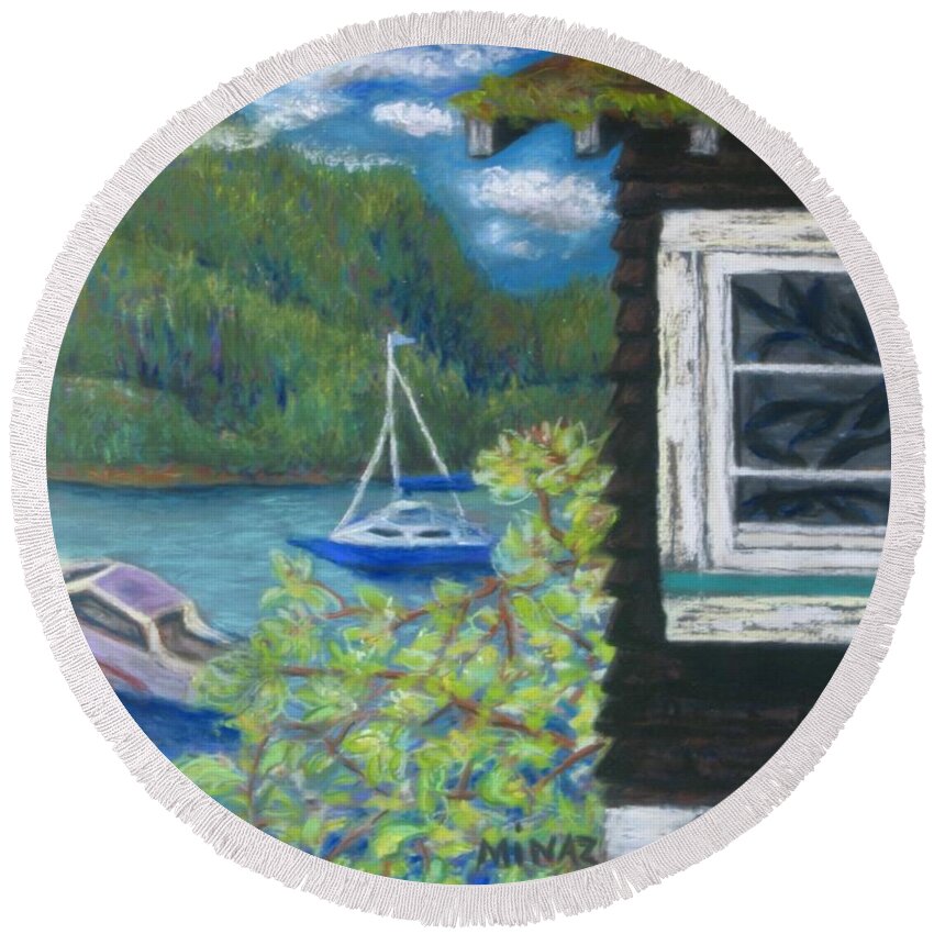 Lake Round Beach Towel featuring the painting Noble Cottage at the Lake #1 by Minaz Jantz