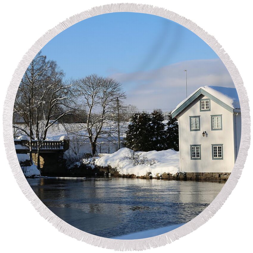Waterfront Water Norway Scandinavia Europe Outdoors Nature Landscape Trees View Snow Countryside Round Beach Towel featuring the digital art Norwegian Winter landscape #2 by Jeanette Rode Dybdahl