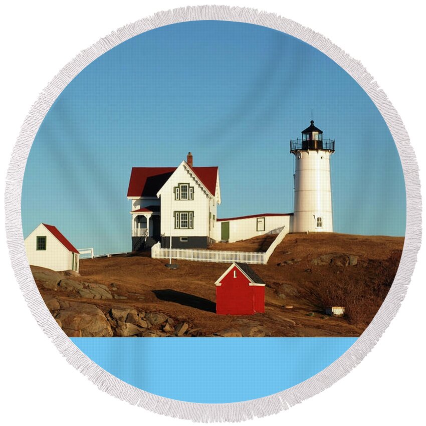 Nubble Round Beach Towel featuring the photograph Nubble Light House #2 by Mary Capriole