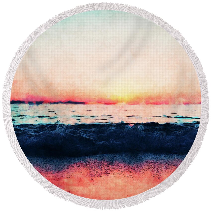 Ocean Round Beach Towel featuring the digital art Ocean Sunset #1 by Phil Perkins