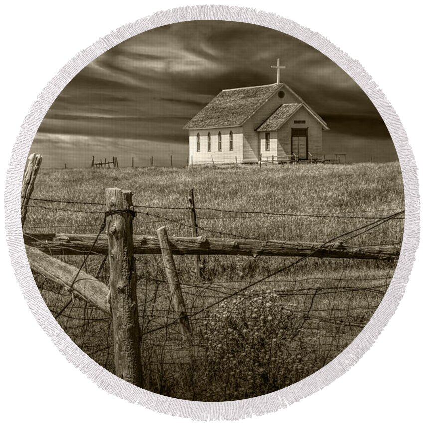 Church Round Beach Towel featuring the photograph Old Rural Country Church in Sepia Tone #1 by Randall Nyhof