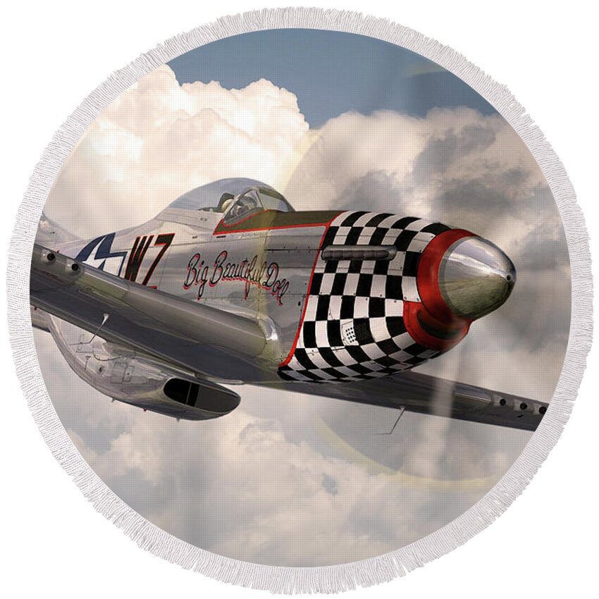 P-51 Mustang Round Beach Towel featuring the digital art P-51 Mustang Big Beautiful Doll by Airpower Art