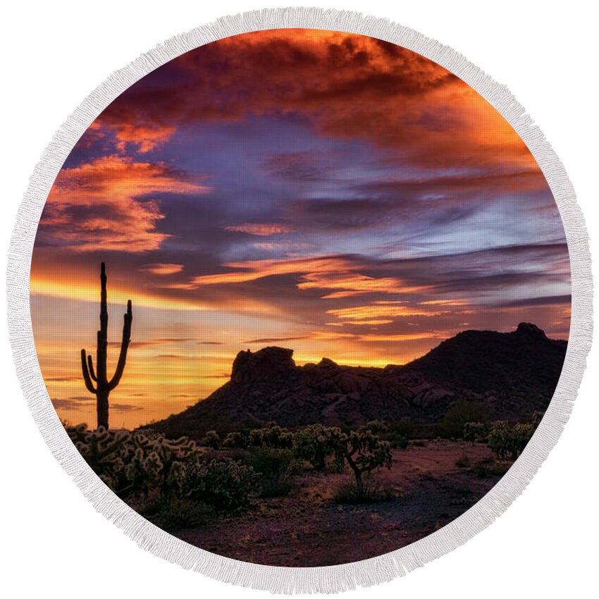 Saguaro Sunset Round Beach Towel featuring the photograph Paint The Sonoran Skies #1 by Saija Lehtonen