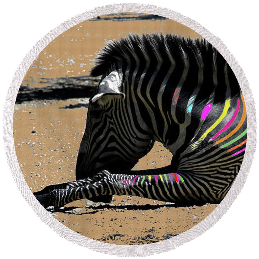 Zebra Round Beach Towel featuring the photograph Painted Zebra #1 by John Lautermilch