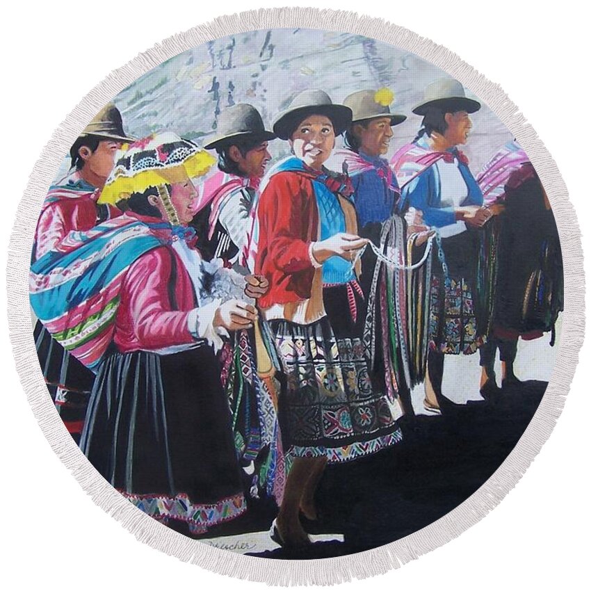 Outdoors Round Beach Towel featuring the mixed media Peruvian Ladies by Constance Drescher