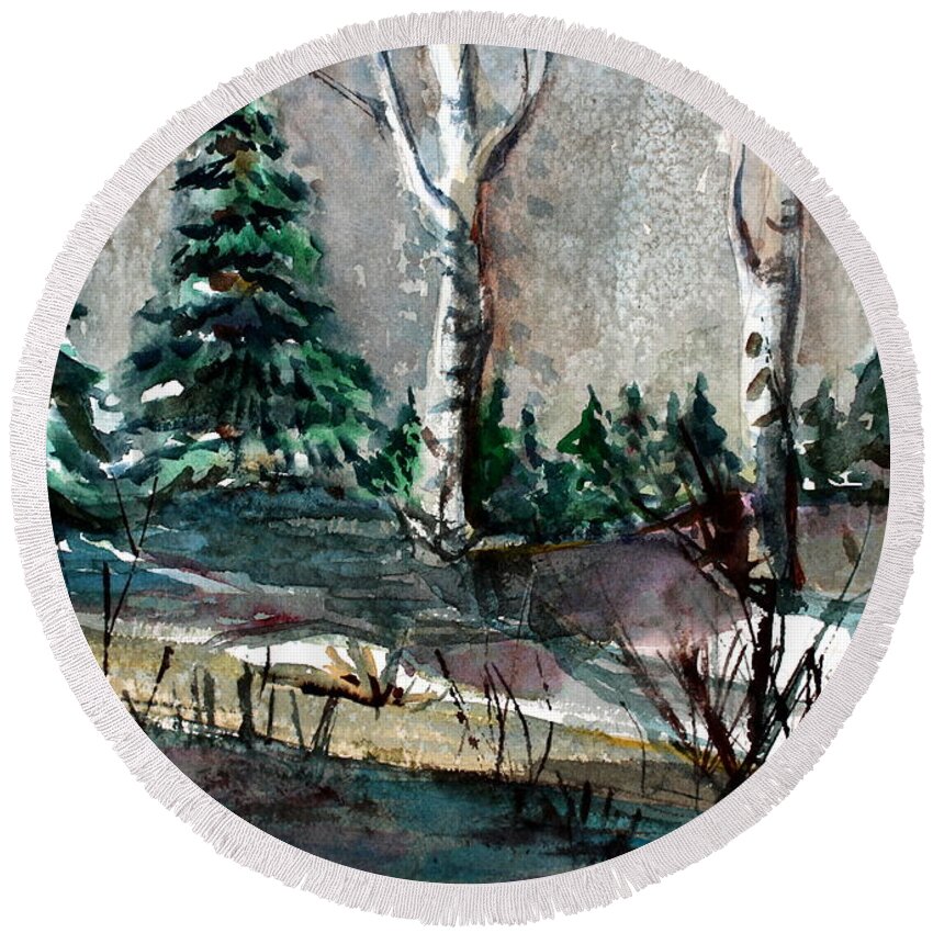Evergreen Round Beach Towel featuring the painting Pine Forest #1 by Mindy Newman
