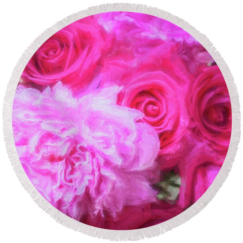 Pink Roses Round Beach Towel featuring the photograph Pink Roses and Peonies Please #1 by Rich Franco