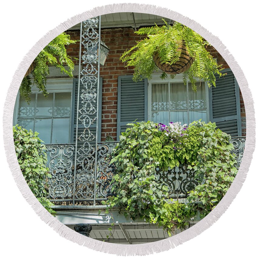 America Round Beach Towel featuring the photograph Plants on balconies in New Orleans, USA by Patricia Hofmeester