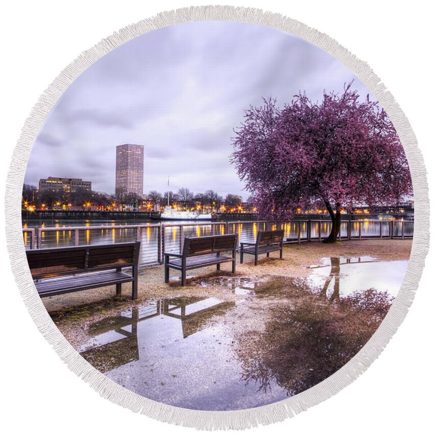 Portland Oregon Waterfront Tree Reflection Round Beach Towel featuring the photograph Portland Oregon Waterfront Tree Reflection #2 by Dustin K Ryan