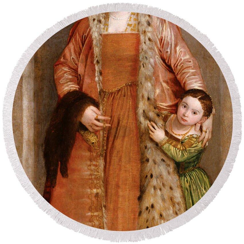 Paolo Veronese Round Beach Towel featuring the painting Portrait of Countess Livia da Porto Thiene and her Daughter Deidamia #2 by Paolo Veronese
