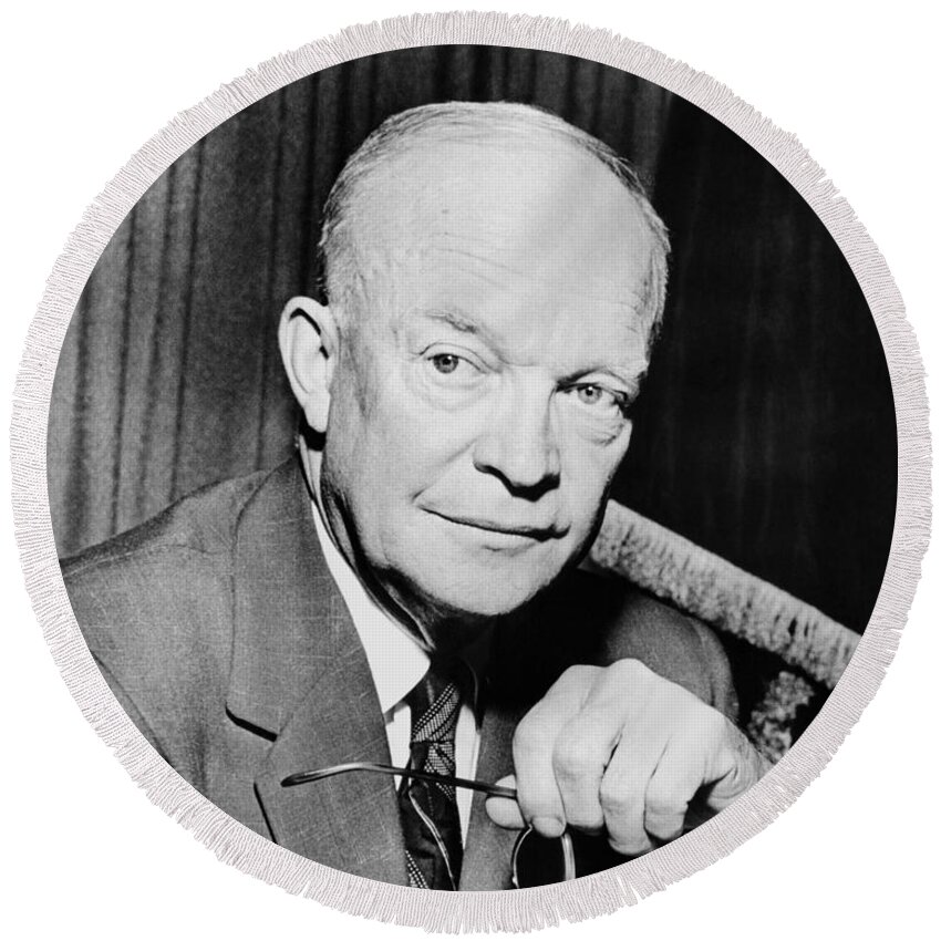  President Eisenhower Round Beach Towel featuring the photograph President Dwight Eisenhower #4 by War Is Hell Store