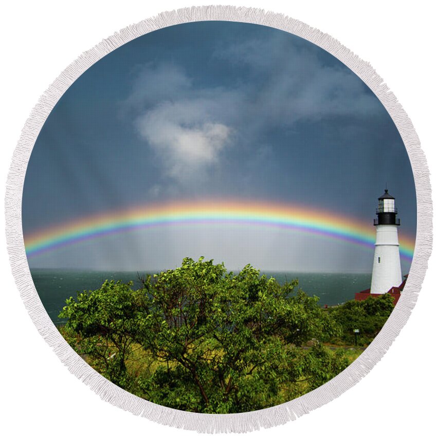 Portland Headlight Round Beach Towel featuring the photograph Rainbow at Portland Headlight by Darryl Hendricks